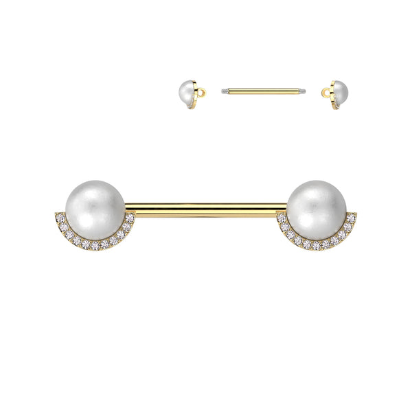 316L Surgical Steel Gold PVD White Pearl CZ Nipple Ring Straight Barbell - Pierced Universe