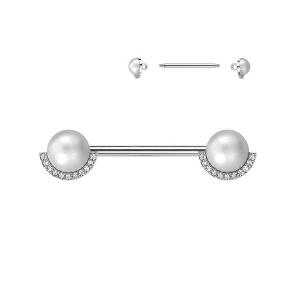 316L Surgical Steel White Pearl CZ Nipple Ring Straight Barbell - Pierced Universe