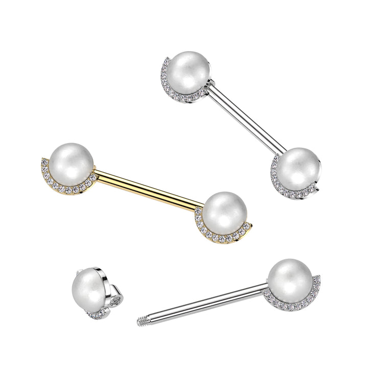 316L Surgical Steel White Pearl CZ Nipple Ring Straight Barbell - Pierced Universe