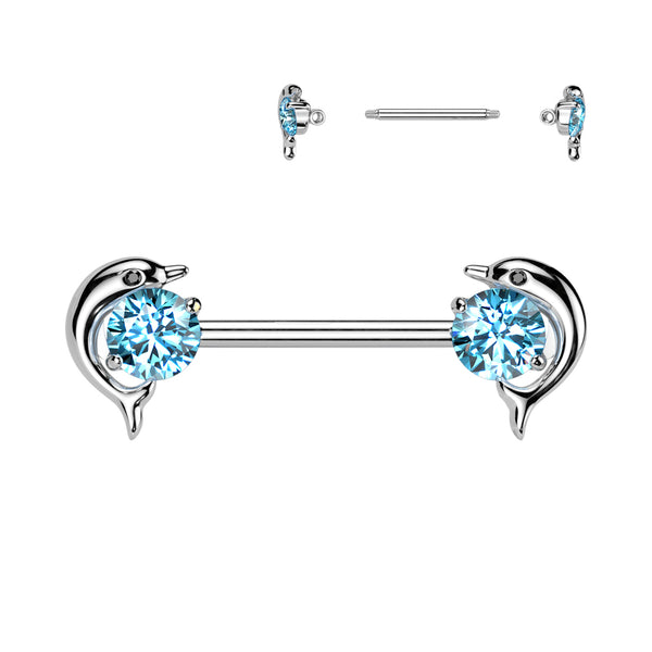 316L Surgical Steel Aqua CZ Dolphin Nipple Ring Straight Barbell