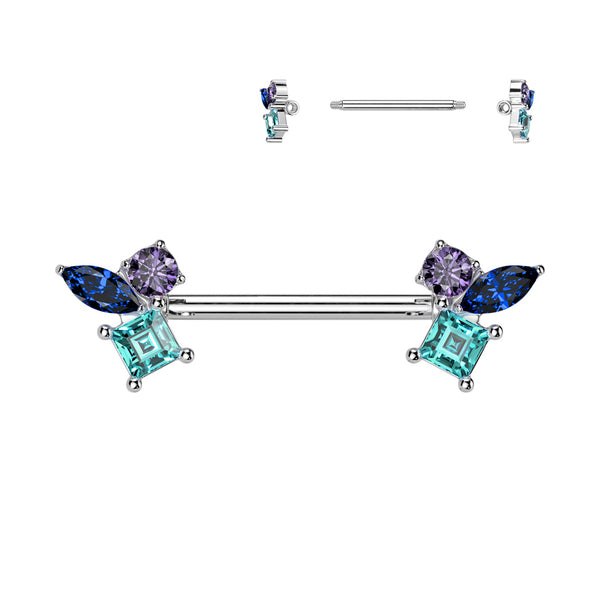 316L Surgical Steel Blue Aqua & Purple CZ Cluster Straight Barbell Nipple Ring