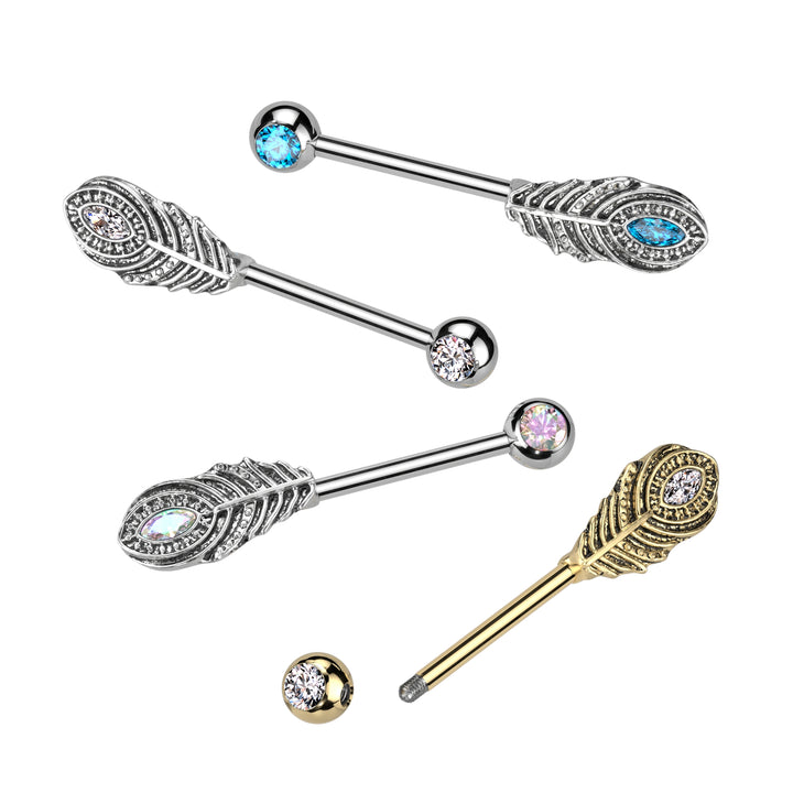 316L Surgical Steel White CZ Peacock Feather Nipple Ring Straight Barbell - Pierced Universe