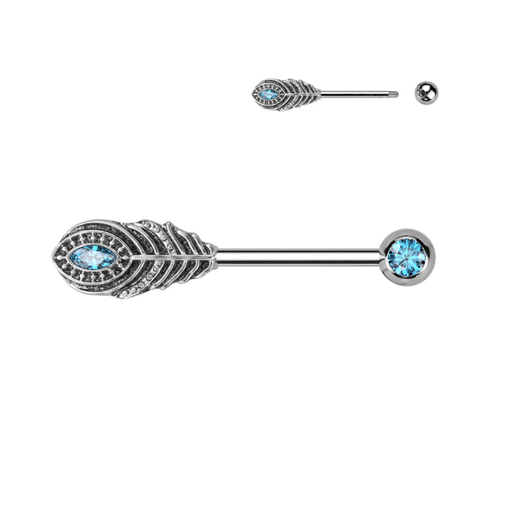 316L Surgical Steel Aqua CZ Peacock Feather Nipple Ring Straight Barbell - Pierced Universe