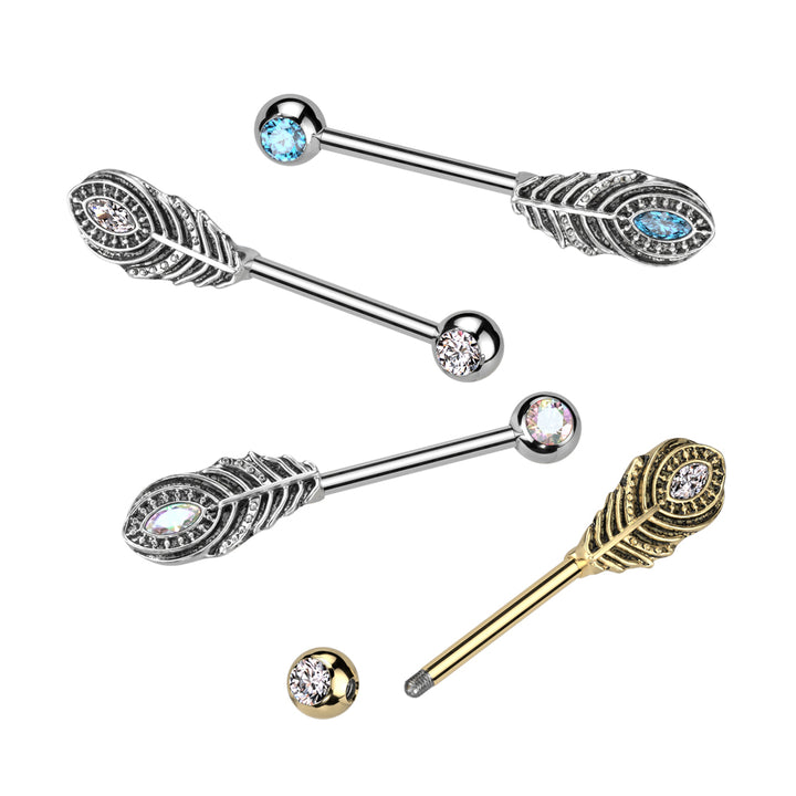 316L Surgical Steel Gold PVD White CZ Peacock Feather Nipple Ring Straight Barbell - Pierced Universe