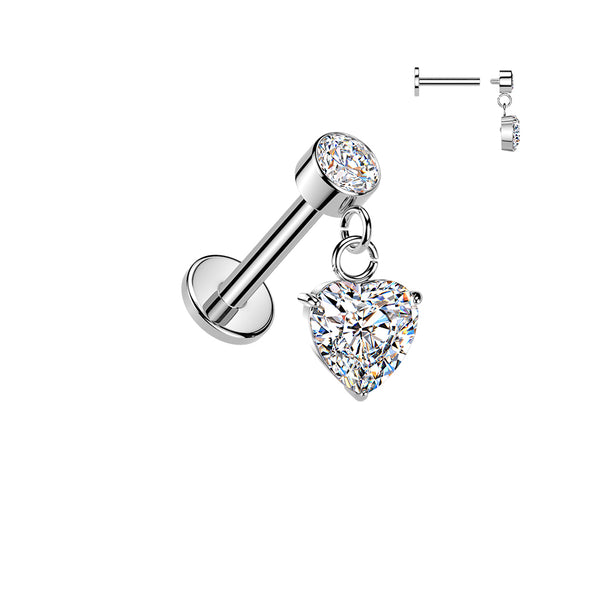 316L Surgical Steel White CZ Heart Dangle Internally Threaded Flat Back Labret - Pierced Universe