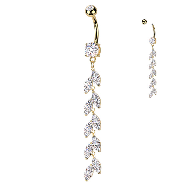 316L Surgical Steel Gold PVD Long White CZ Vine Dangle Belly Ring