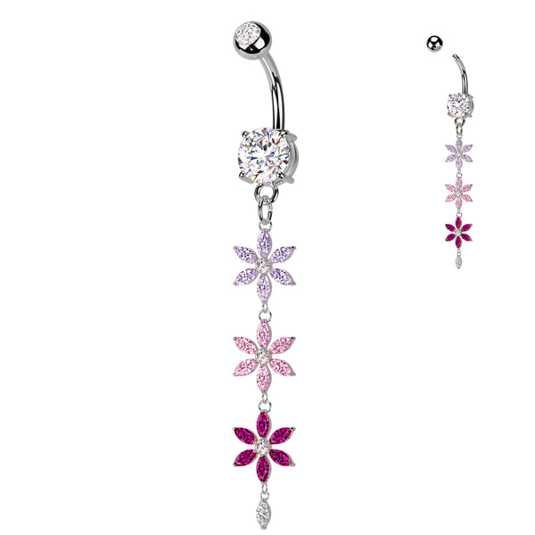 316L Surgical Steel Purple Pink & Red CZ Gem Flower Dangle Belly Ring