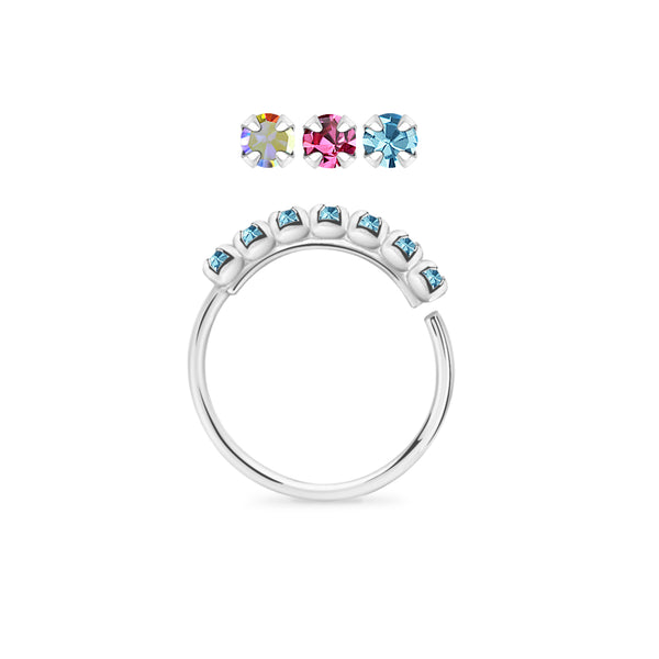 925 Sterling Silver Dainty Coloured CZ Gem Pave Bend Open Nose Hoop
