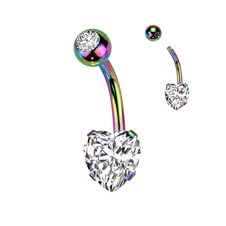 316L Surgical Steel Rainbow PVD White CZ Heart Shaped Non Dangle Belly Ring - Pierced Universe