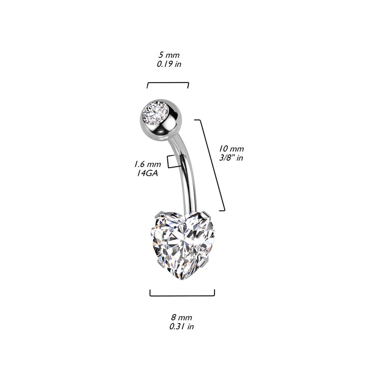 316L Surgical Steel White CZ Heart Shaped Non Dangle Belly Ring - Pierced Universe