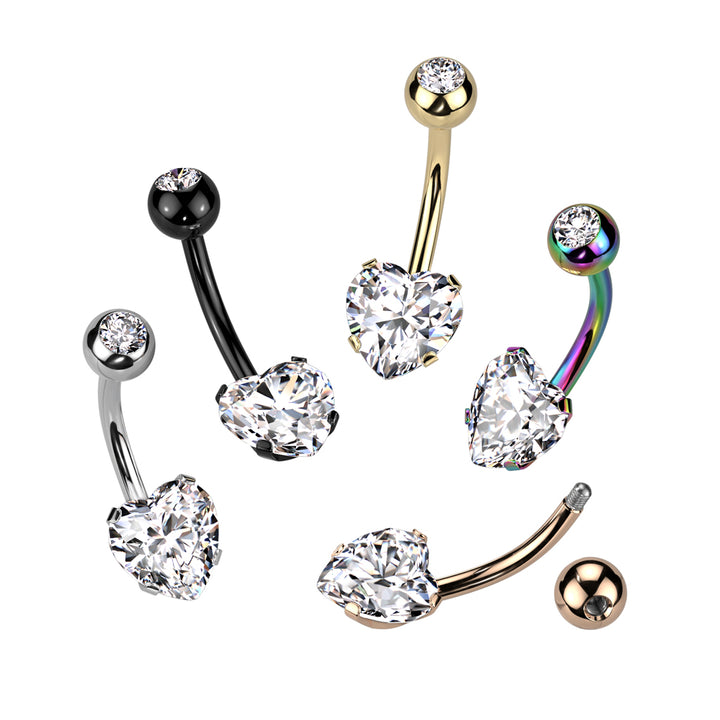316L Surgical Steel Gold PVD White CZ Heart Shaped Non Dangle Belly Ring - Pierced Universe