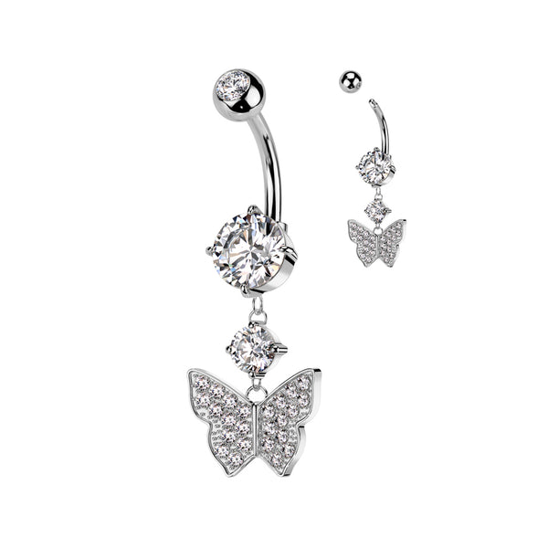 316L Surgical Steel White CZ Gem Butterfly Dangle Belly Ring - Pierced Universe
