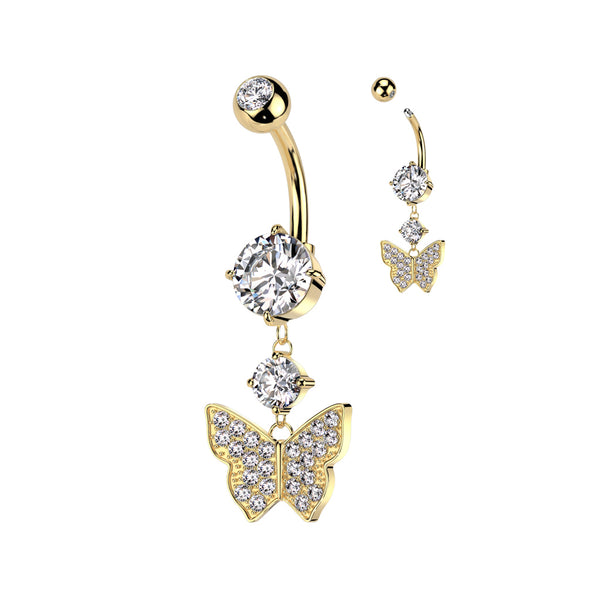 316L Surgical Steel Gold PVD White CZ Gem Butterfly Dangle Belly Ring - Pierced Universe