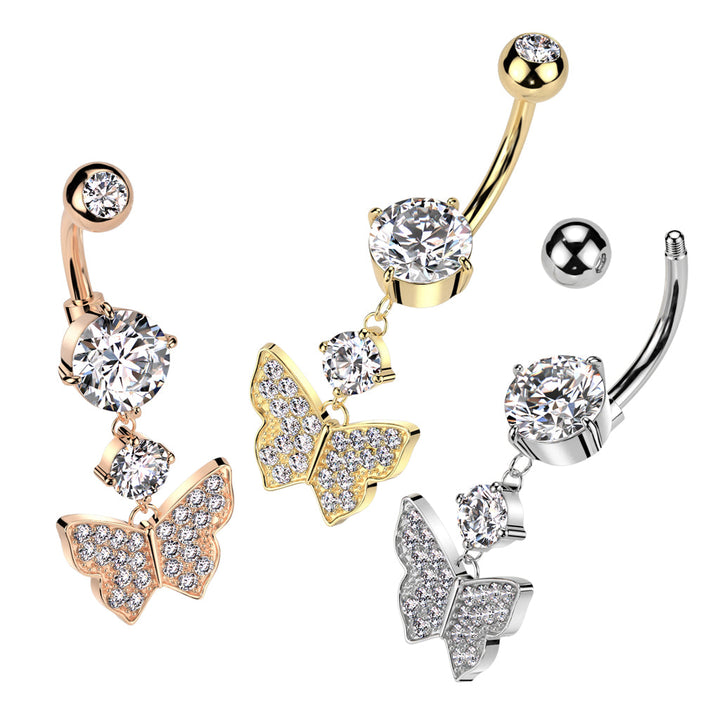 316L Surgical Steel Gold PVD White CZ Gem Butterfly Dangle Belly Ring - Pierced Universe