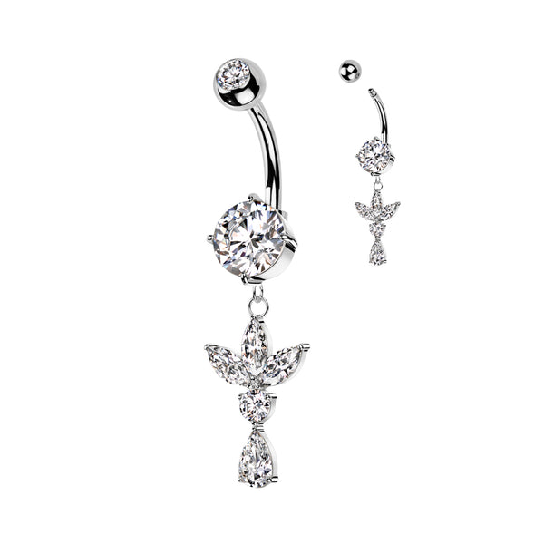 316L Surgical Steel White CZ Lotus With Teardrop Dangle Belly Ring - Pierced Universe