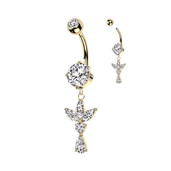 316L Surgical Steel Gold PVD White CZ Lotus With Teardrop Dangle Belly Ring - Pierced Universe