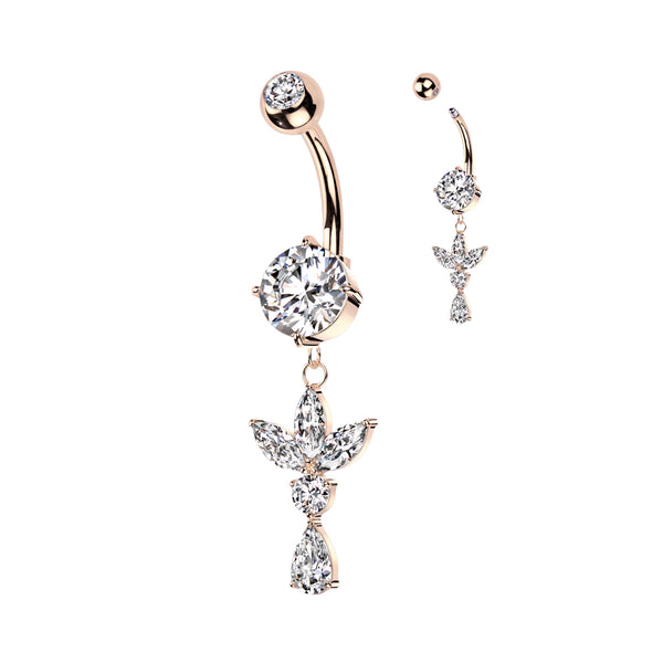316L Surgical Steel Rose Gold PVD White CZ Lotus With Teardrop Dangle Belly Ring - Pierced Universe