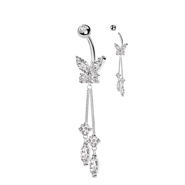 316L Surgical Steel White CZ Butterfly With Long Chain Marquise CZ Dangle Belly Ring