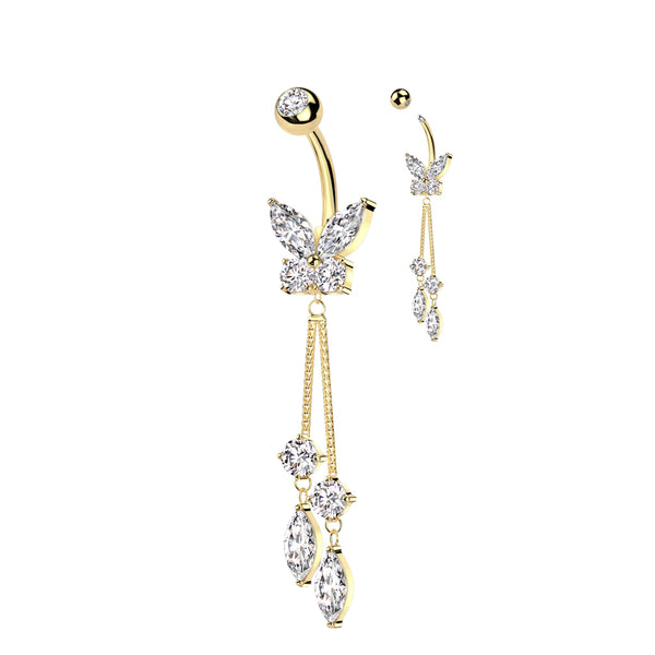 316L Surgical Steel Gold PVD White CZ Butterfly With Long Chain Marquise CZ Dangle Belly Ring 316L Surgical Steel Gold PVD White CZ Butterfly With Long Chain Marquise CZ Dangle Belly Ring
