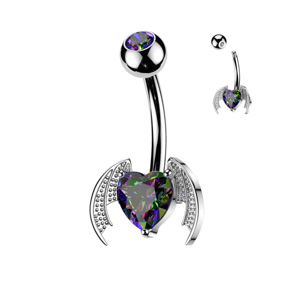 316L Surgical Steel Vitrail Medium CZ Heart With Wings Stud Belly Ring