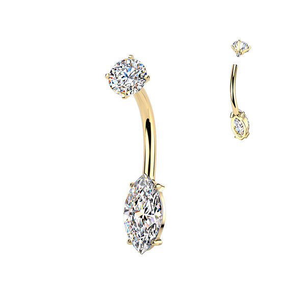 316L Surgical Steel Gold PVD White CZ Marquise Gem Internally Threaded Belly Ring - Pierced Universe