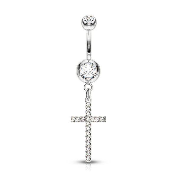 316L Surgical Steel White CZ Thin Cross Dangly Belly Ring