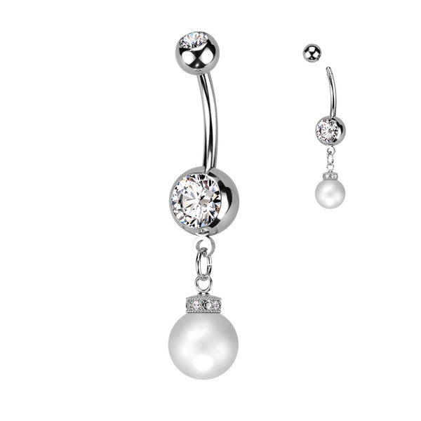 316L Surgical Steel White CZ Gem with Pearl Dangle Belly Ring - Pierced Universe
