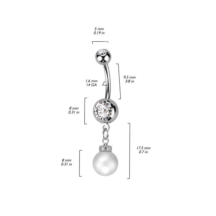 316L Surgical Steel White CZ Gem with Pearl Dangle Belly Ring - Pierced Universe