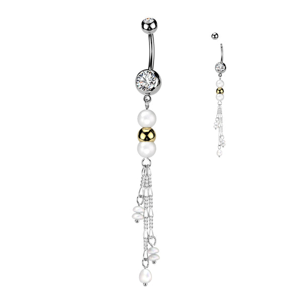 316L Surgical Steel White Pearl Gold Bead Dangly Belly Ring