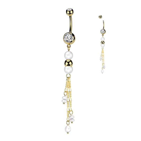 316L Surgical Steel Gold PVD White Pearl Gold Bead Dangly Belly Ring 316L Surgical Steel Gold PVD White Pearl Gold Bead Dangly Belly Ring