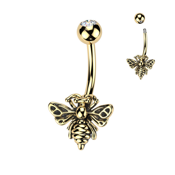 316L Surgical Steel Gold PVD White CZ Bee Belly Ring