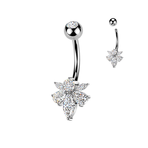 316L Surgical Steel White CZ 5 Petal Flower Belly Ring - Pierced Universe