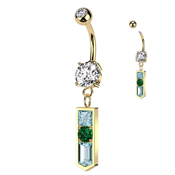 316L Surgical Steel Gold PVD White CZ Gem Ball with Pointed Aqua and Green Dangle Belly Ring - Pierced Universe