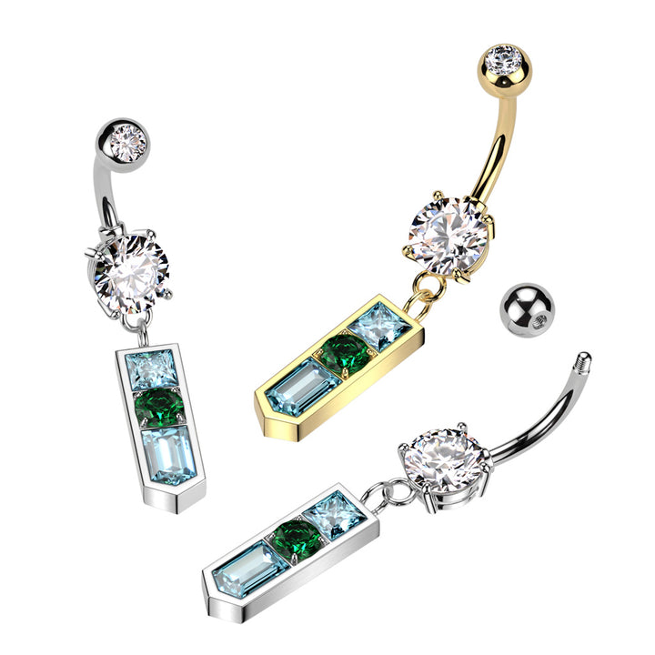 316L Surgical Steel White CZ Gem Ball with Pointed Aqua and Green Dangle Belly Ring - Pierced Universe
