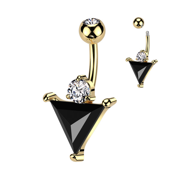 316L Surgical Steel Gold PVD Black CZ Triangle With White CZ Gem Belly Ring - Pierced Universe