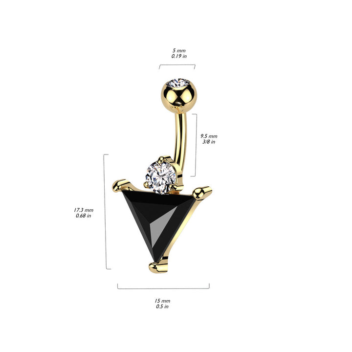 316L Surgical Steel Gold PVD Black CZ Triangle With White CZ Gem Belly Ring - Pierced Universe