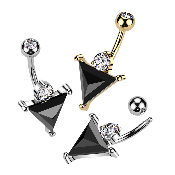 316L Surgical Steel Gold PVD Black CZ Triangle With White CZ Gem Belly Ring - Pierced Universe