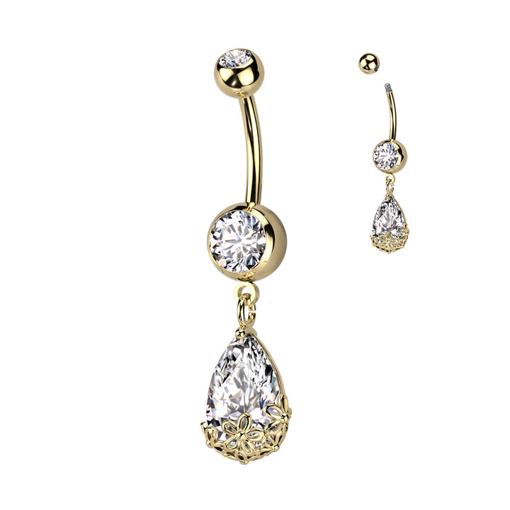 316L Surgical Steel Gold PVD White CZ Teardrop With Flowers Dangly Belly Ring - Pierced Universe