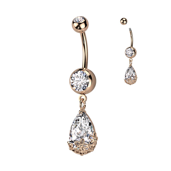 316L Surgical Steel Rose Gold PVD White CZ Teardrop With Flowers Dangly Belly Ring - Pierced Universe