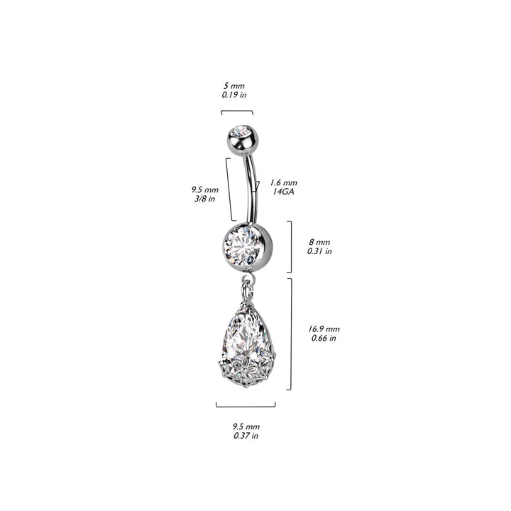 316L Surgical Steel Rose Gold PVD White CZ Teardrop With Flowers Dangly Belly Ring - Pierced Universe