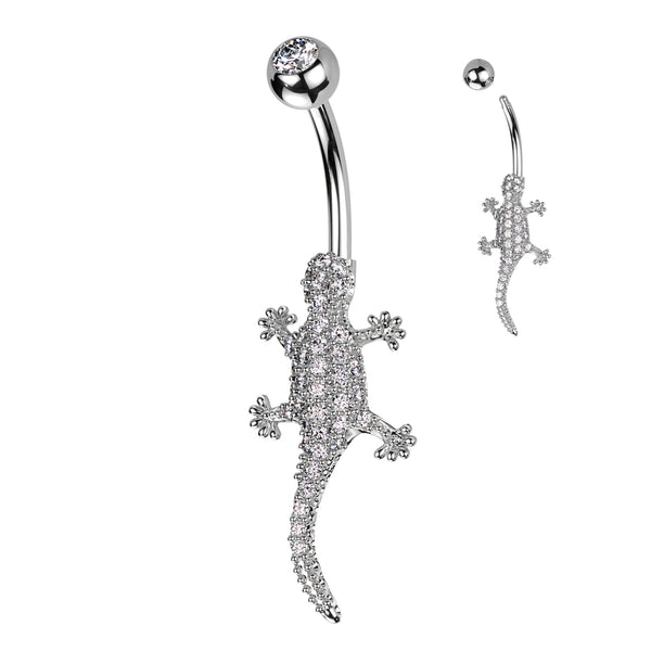 316L Surgical Steel White CZ Lizard Gecko Non Dangle Belly Ring 316L Surgical Steel White CZ Lizard Gecko Non Dangle Belly Ring