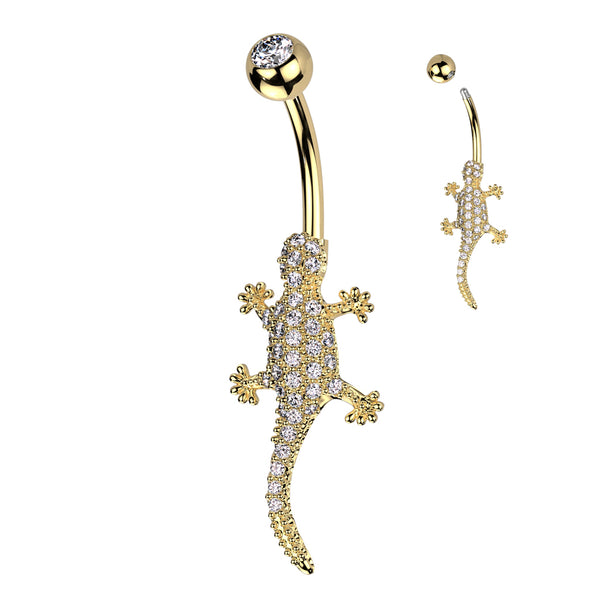 316L Surgical Steel Gold PVD White CZ Lizard Gecko Non Dangle Belly Ring - Pierced Universe