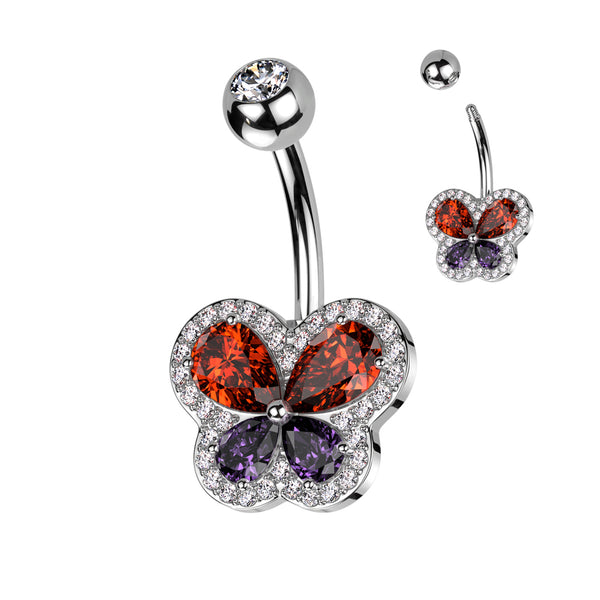 316L Surgical Steel Red Purple Butterfly White CZ Pave Gem Belly Ring - Pierced Universe