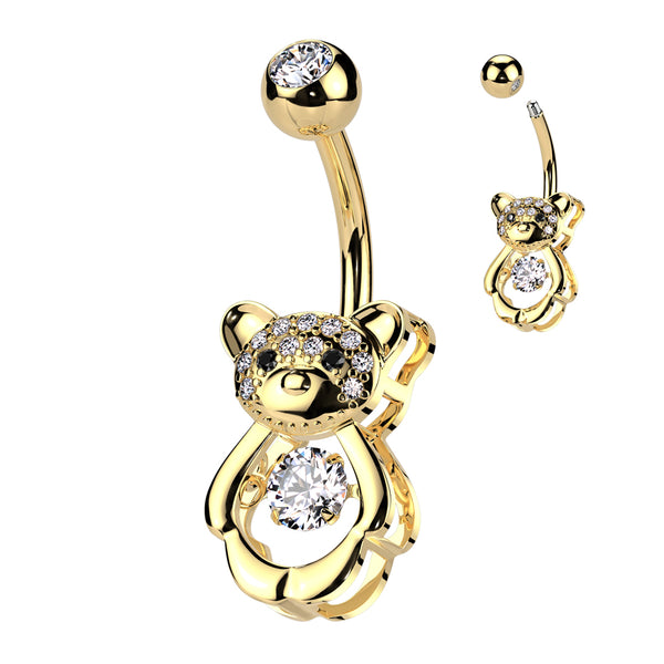 316L Surgical Steel Gold PVD White CZ Gem Teddy Bear Belly Ring