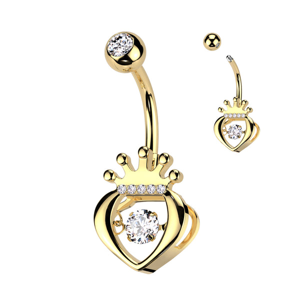 316L Surgical Steel Gold PVD White CZ Claddagh Crown Heart Shaped Belly Ring - Pierced Universe