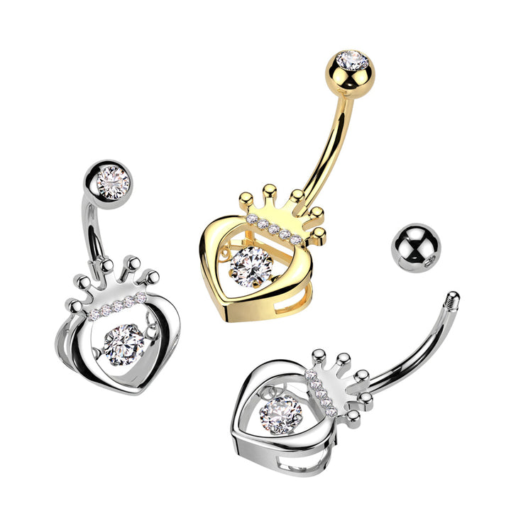 316L Surgical Steel Gold PVD White CZ Claddagh Crown Heart Shaped Belly Ring - Pierced Universe