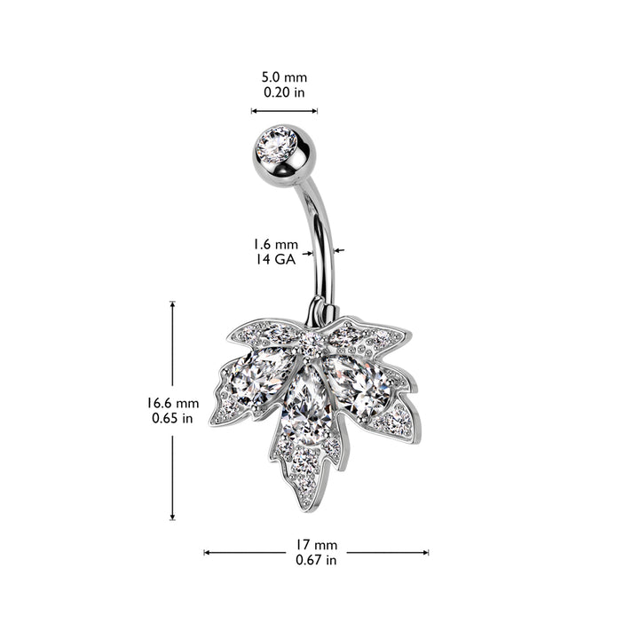 316L Surgical Steel White CZ Multi-Gem Large Leaf Design Belly Ring - Pierced Universe