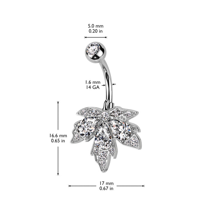 316L Surgical Steel Gold PVD White CZ Multi-Gem Large Leaf Design Belly Ring - Pierced Universe