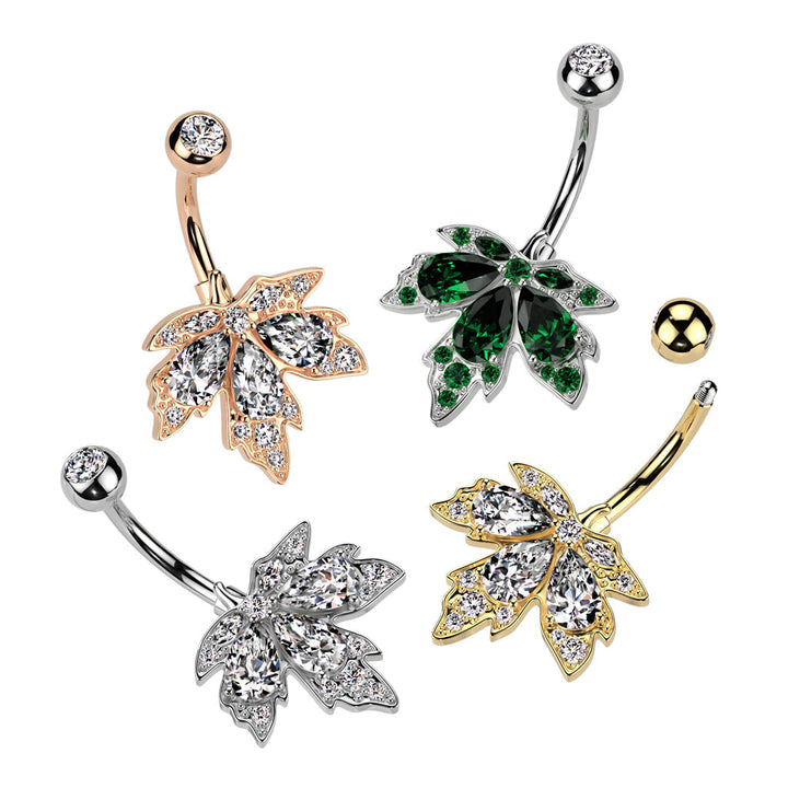 316L Surgical Steel Rose Gold PVD White CZ Multi-Gem Large Leaf Design Belly Ring - Pierced Universe