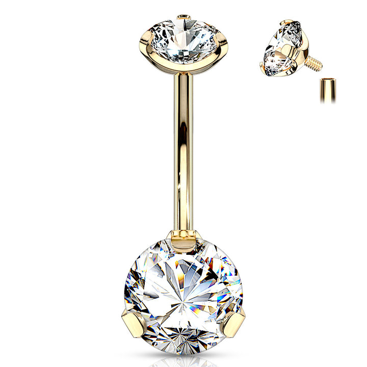316L Surgical Steel Gold PVD Internally Threaded White CZ Belly Ring - Pierced Universe